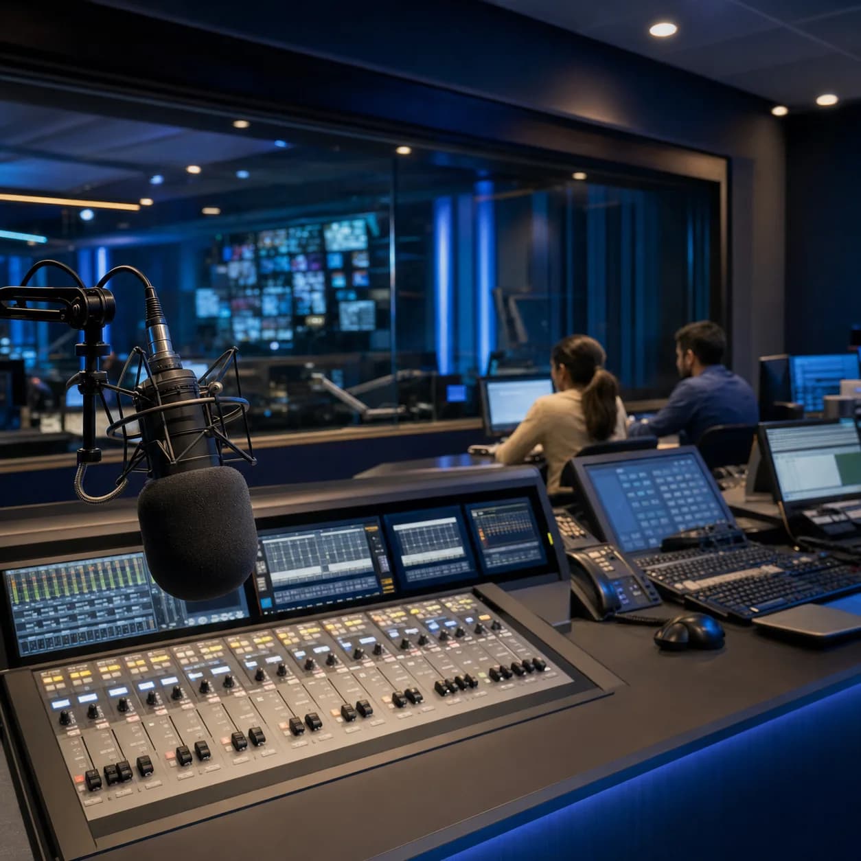 Professional radio and television broadcast control room